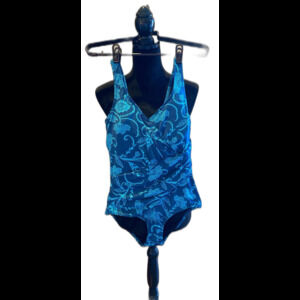 One Piece Swimsuit Size ? Small Turquoise Blue Floral Side Ruching Faux Wrap